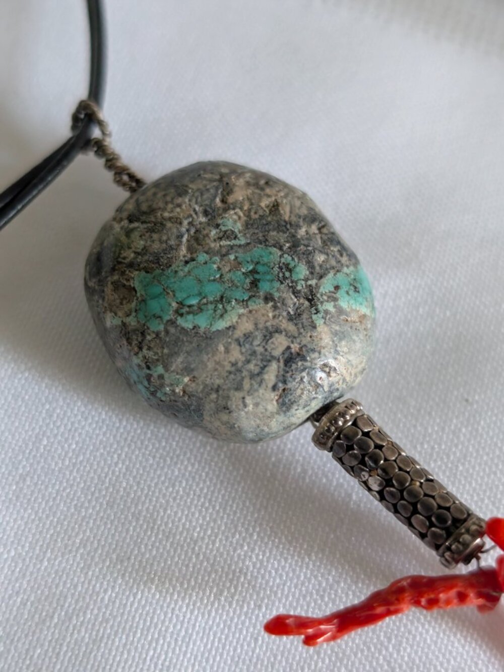 Vintage Natural Rough Turquoise with Coral Pieces Pendant Necklace Leather Cord
